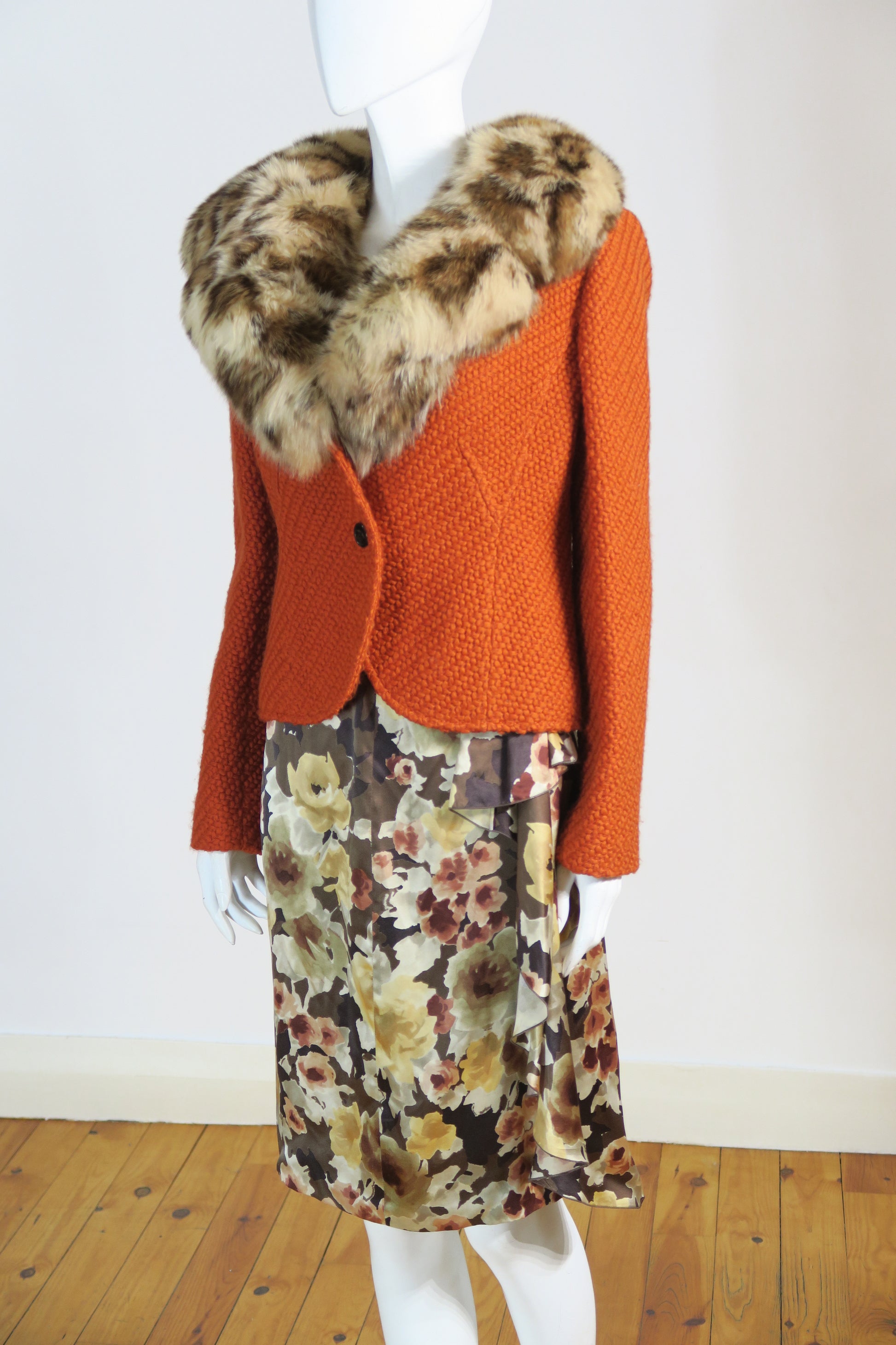 Valentino runway orange tweed jacket cheetah fur collar