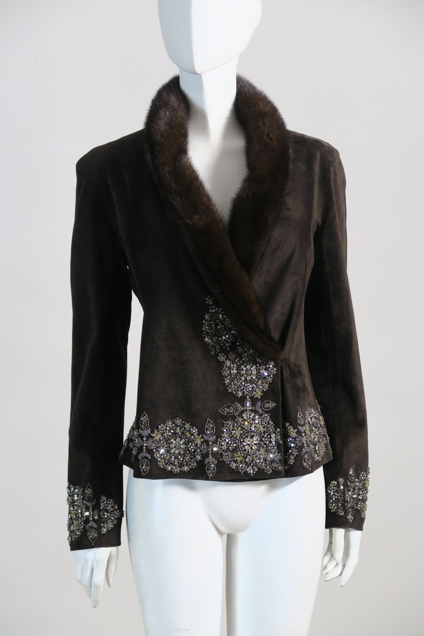 Valentino suede jacket crystal embellishment fur collar