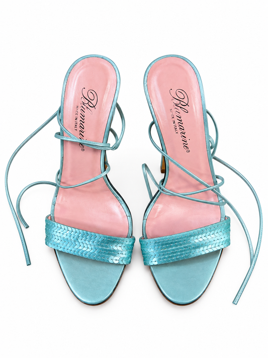 Blumarine aqua sequin lace-up heels