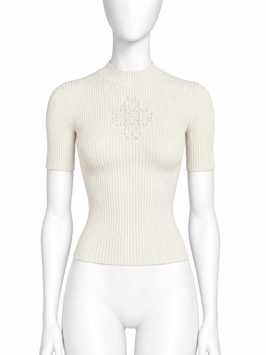Chanel beige ribbed knit logo top
