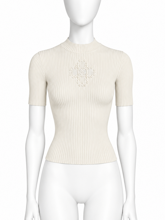 Chanel beige ribbed knit logo top