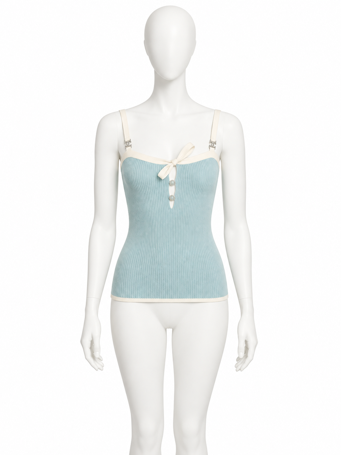 Chanel pale blue ribbed knit top front on mannequin