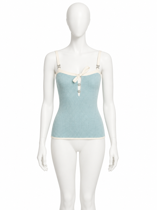 Chanel pale blue ribbed knit top front on mannequin