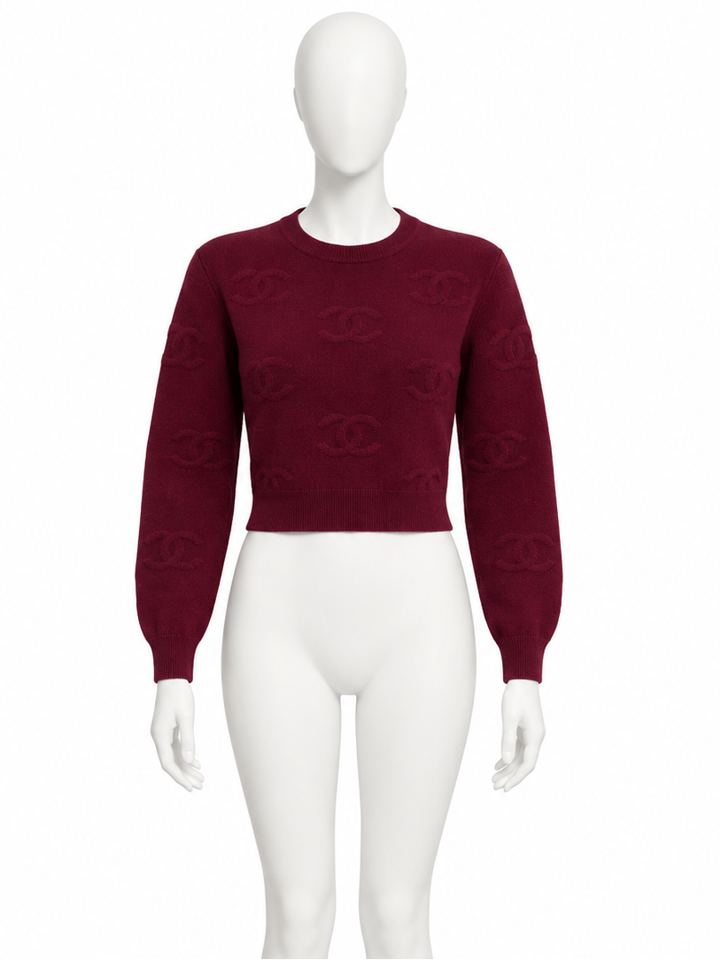Chanel burgundy cropped CC knit sweater front mannequin