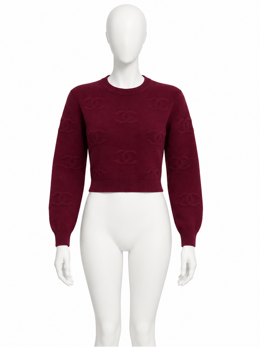 Chanel burgundy cropped CC knit sweater front mannequin