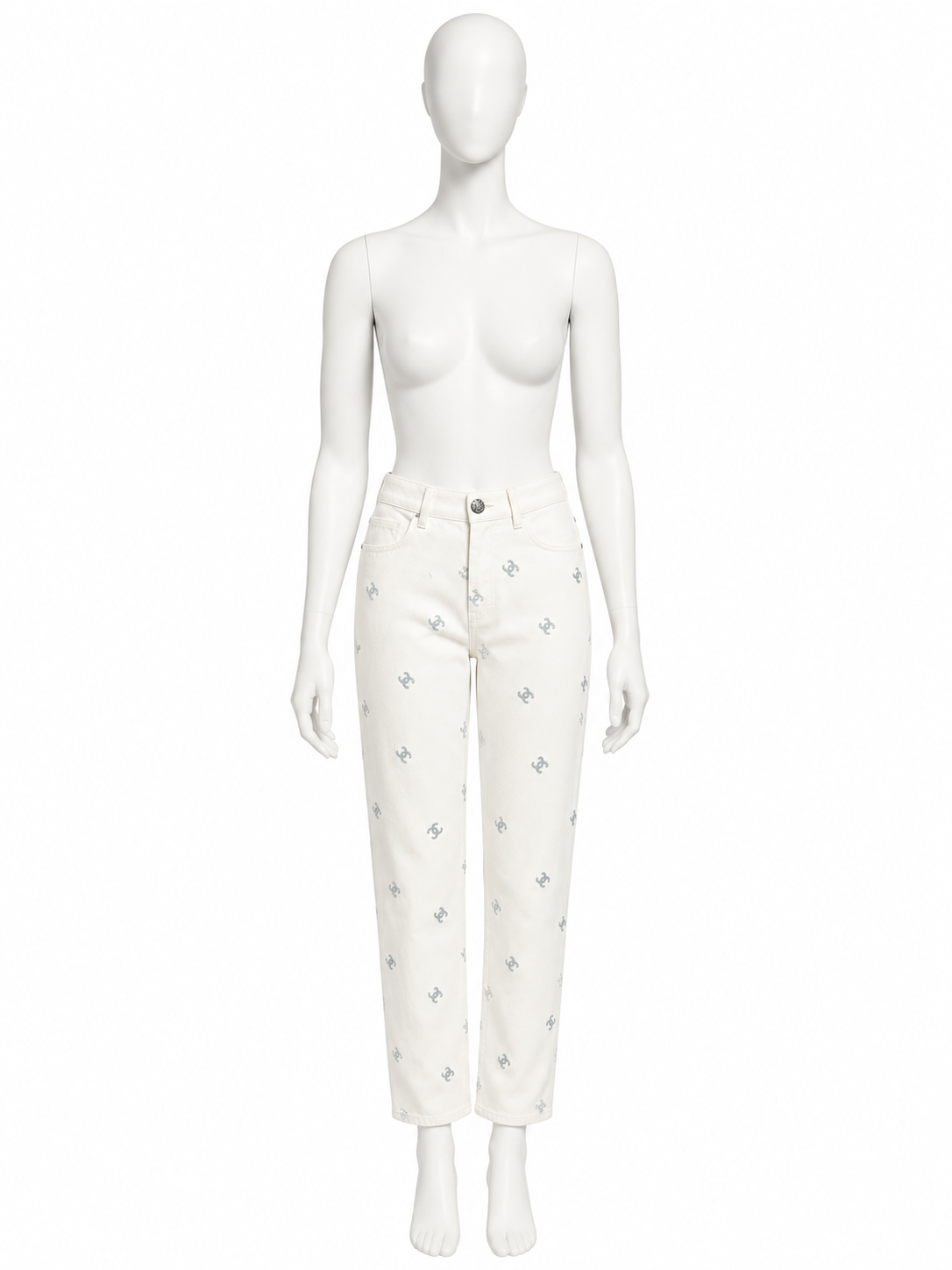 Chanel ivory embroidered CC jeans slimmer shorter fit on white mannequin