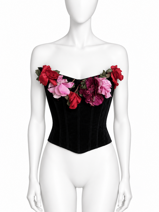 Chantal Thomass black velvet corset with floral appliqués