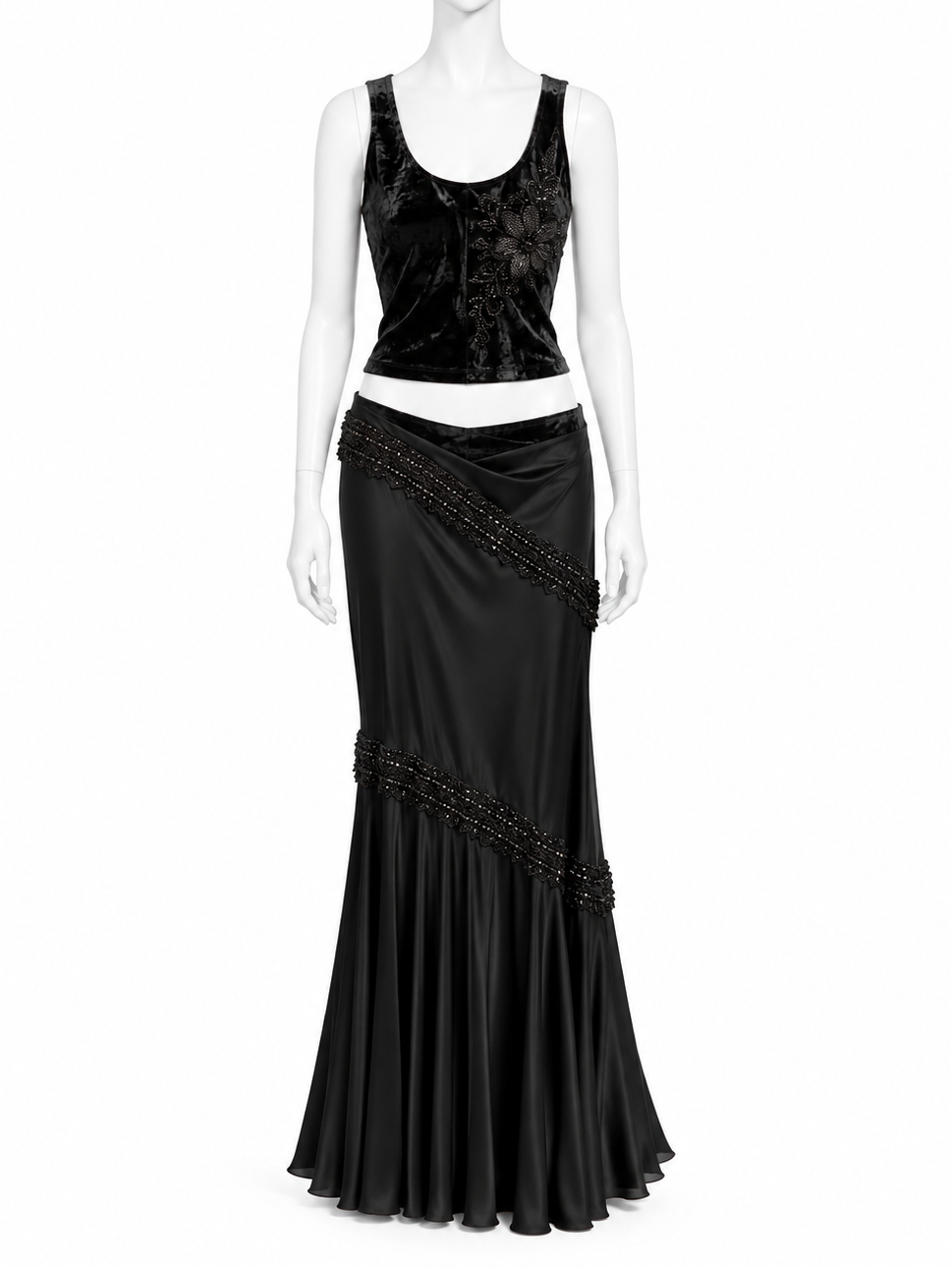 Dior black beaded velvet top and low-waisted maxi skirt set