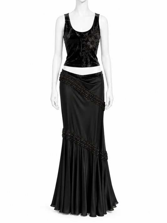 Dior black beaded velvet top and low-waisted maxi skirt set