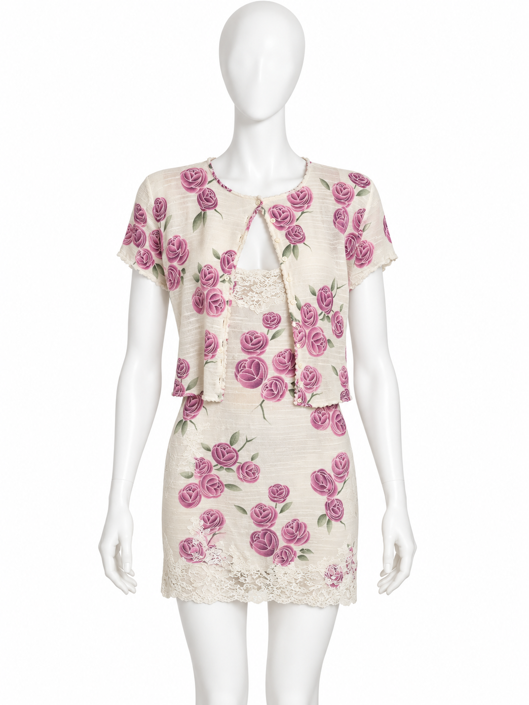 Christian Dior Spring 1999 rose print mini dress and cardigan set