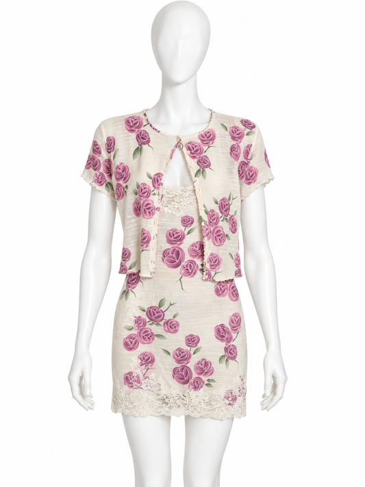 Christian Dior Spring 1999 rose print mini dress and cardigan set