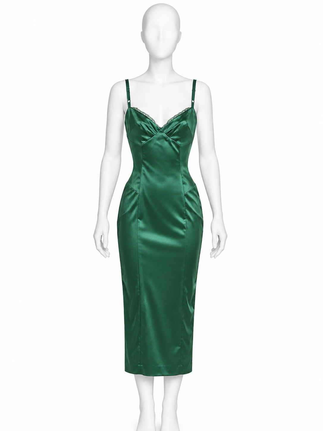Dolce & Gabbana D&G green satin lace trim midi dress