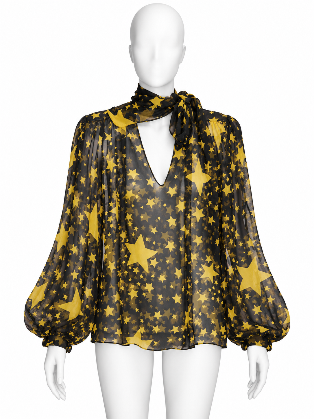 Dolce & Gabbana black silk chiffon blouse with yellow star print and scarf neck