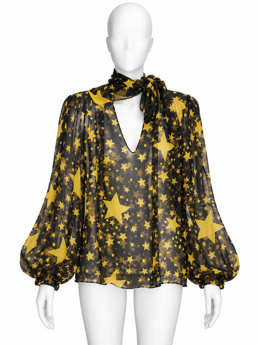 Dolce & Gabbana black silk chiffon blouse with yellow star print and scarf neck