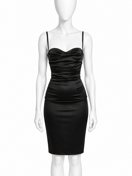Dolce & Gabbana black silk satin built-in bra midi dress