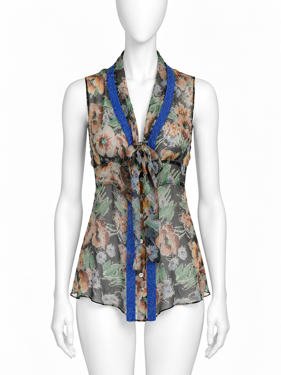 Dolce & Gabbana special piece silk chiffon floral top with bright blue Swarovski crystal trim