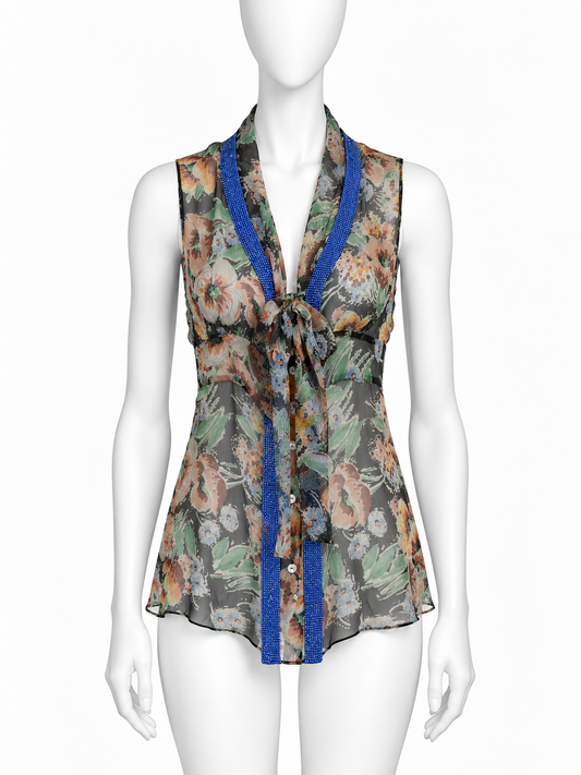 Dolce & Gabbana special piece silk chiffon floral top with bright blue Swarovski crystal trim