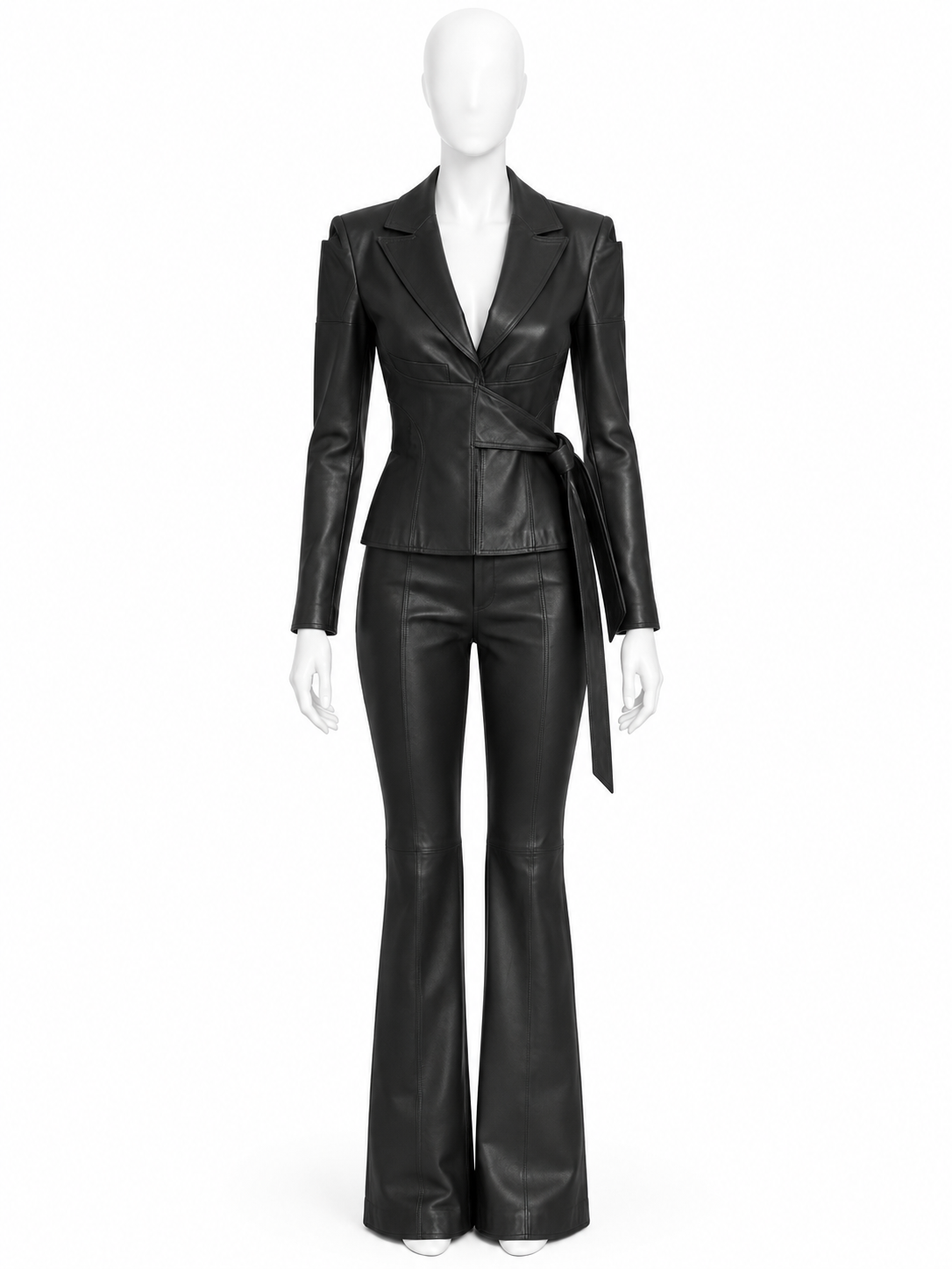 Emanuel Ungaro black leather jacket and flared pants set