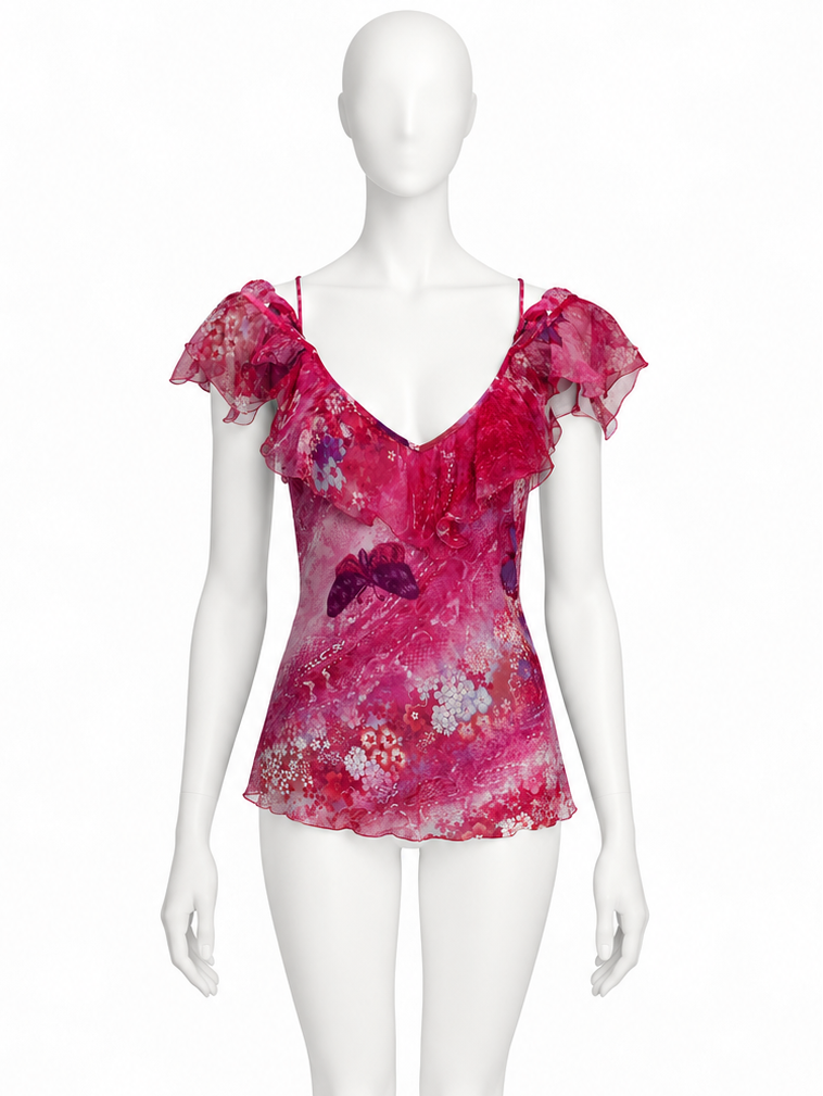Emanuel Ungaro pink floral ruffle top