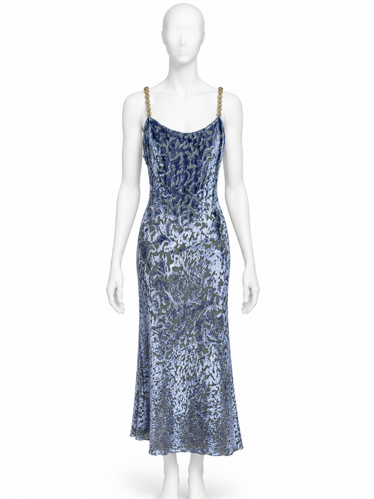 Escada Couture velour devore maxi dress with gold straps