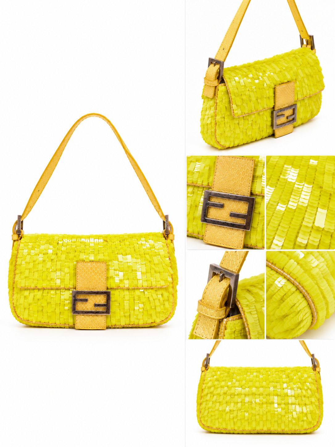 Fendi yellow sequin python baguette details