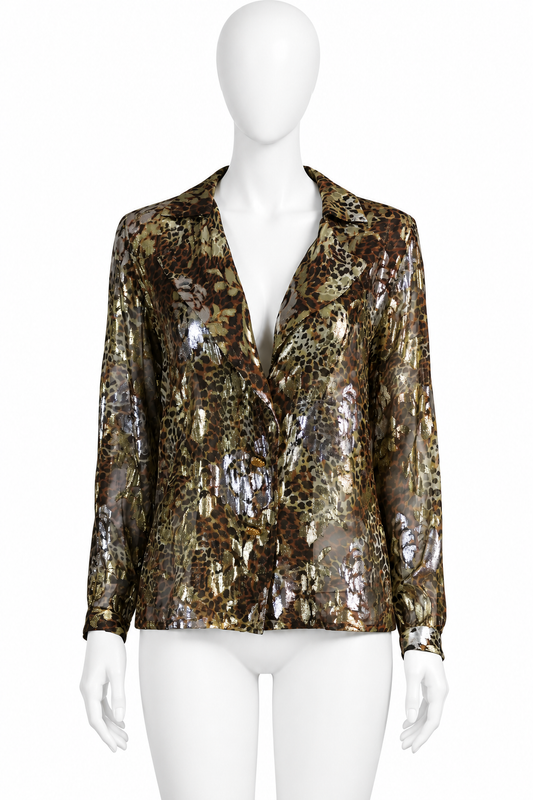 Yves Saint Laurent cheetah silk gold button top