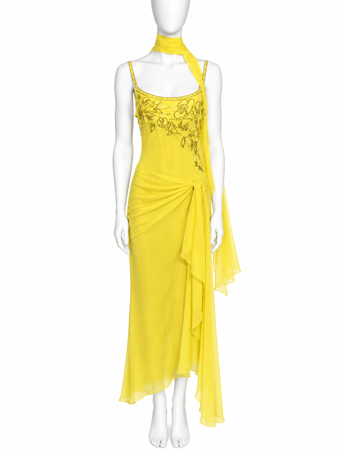 Jean Louis Scherrer yellow silk hand embroidered dress with shawl