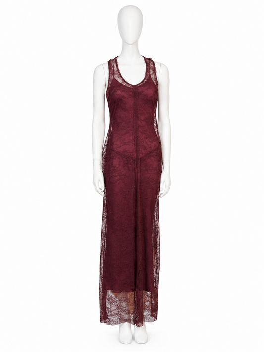 Jean Paul Gaultier burgundy silk slip dress with lace overdress