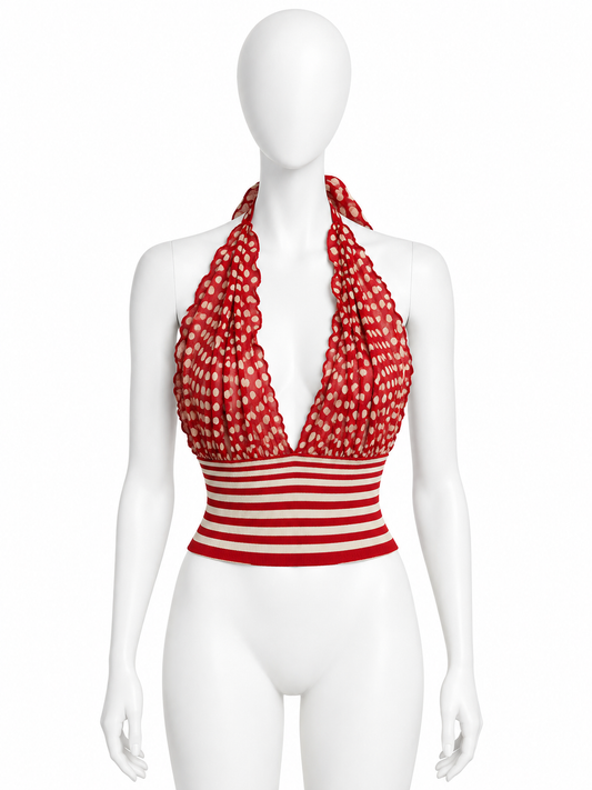 Jean Paul Gaultier red and cream halter mesh top