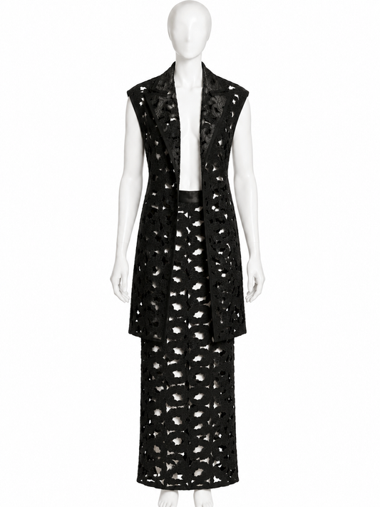 Jean Paul Gaultier black lace sleeveless jacket and maxi skirt set