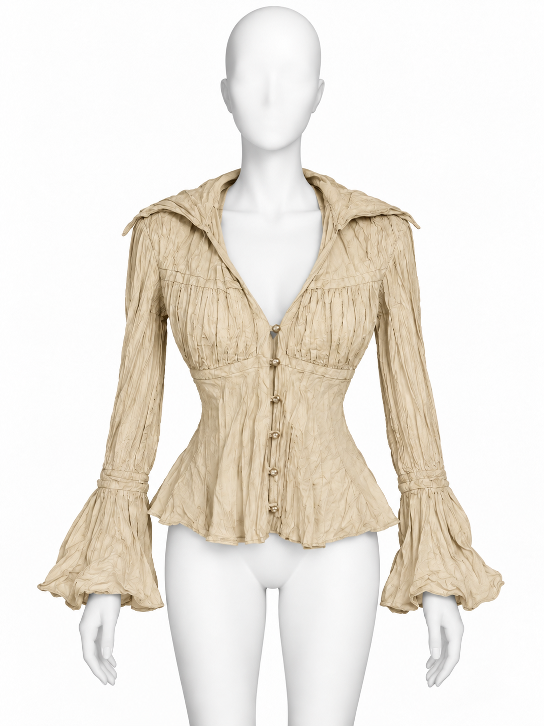 Jiki beige fitted top with malleable metallic wire collar and cuffs