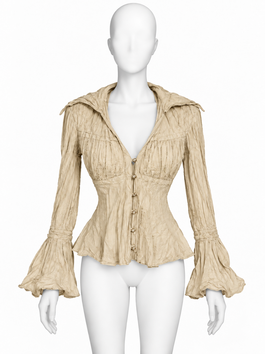 Jiki beige fitted top with malleable metallic wire collar and cuffs