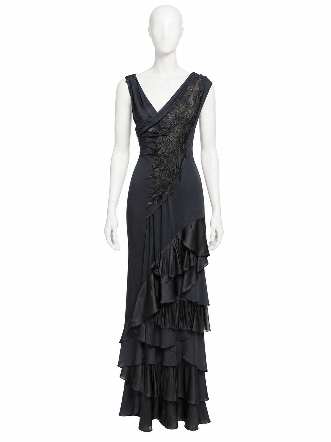 Jitrois black appliqué ruffled maxi dress front on white mannequin