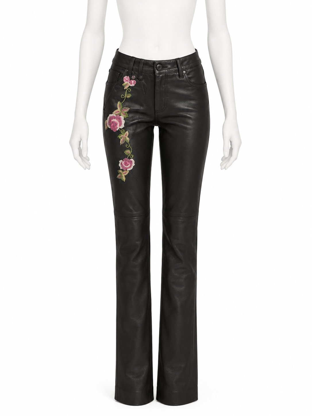 John Galliano black lambskin leather pants with beaded floral detailing