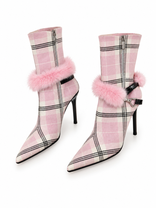 John Galliano pink check fur ankle boots size 39