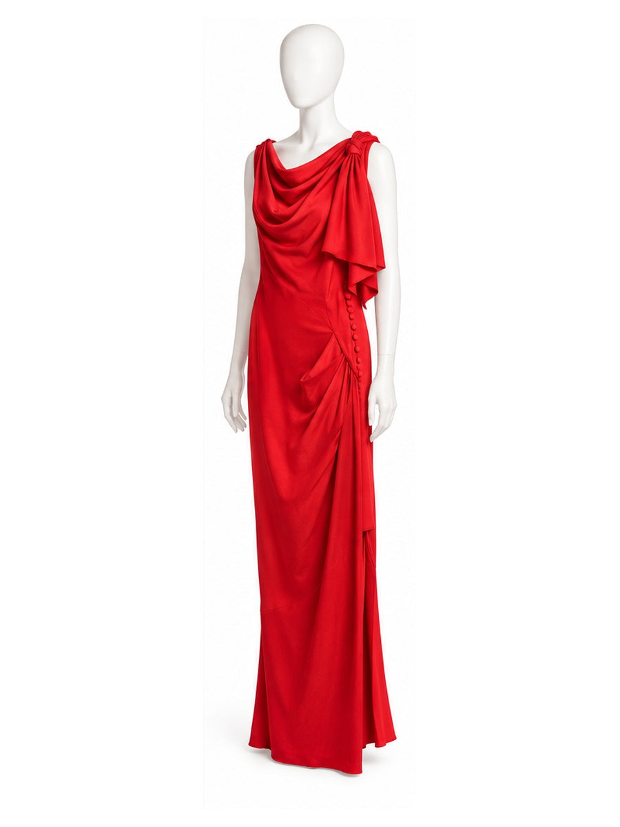 John Galliano red silk maxi dress – three-quarter