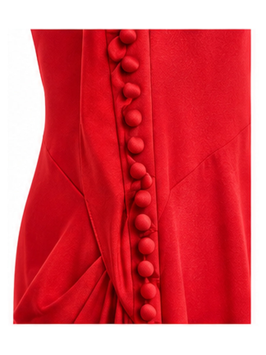 John Galliano red silk maxi dress – silk covered buttons detail