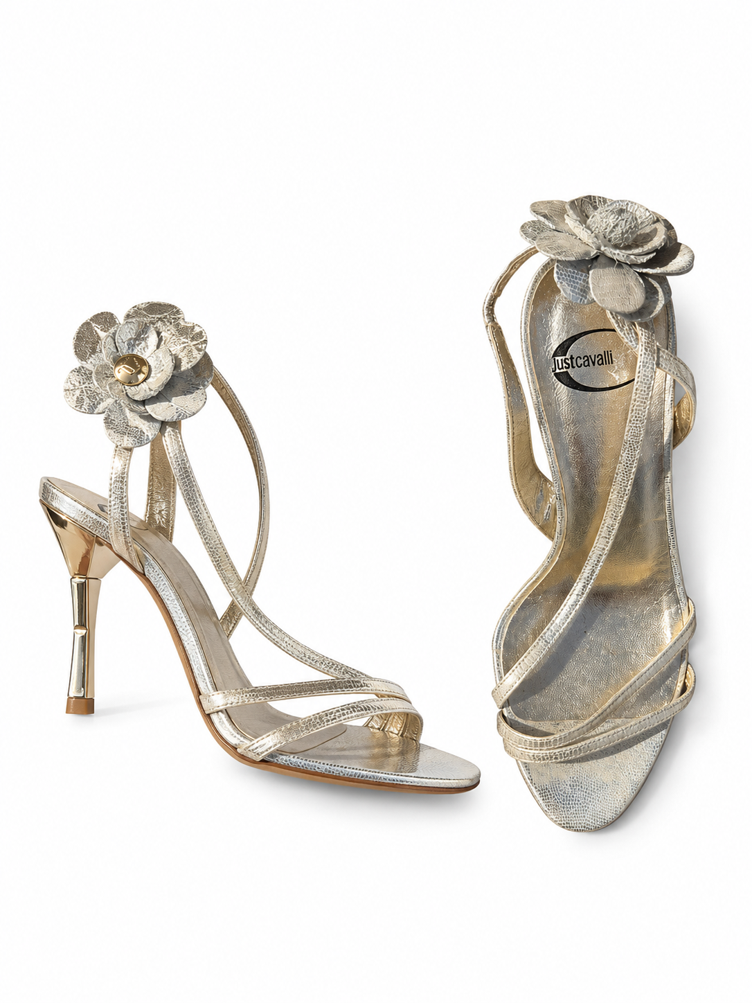 Just Cavalli metallic silver leather flower heels