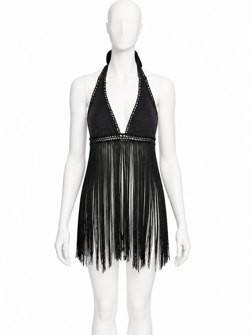 Missoni black backless halter fringe bra top