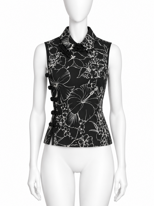 Miu Miu Mandarin Spring Summer 2003 black silk satin floral top