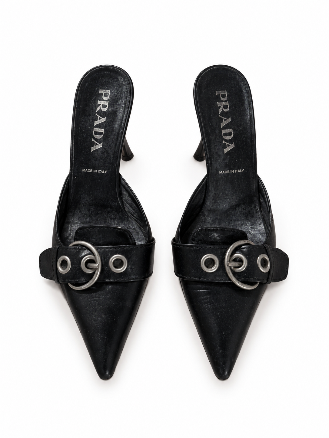 Prada black leather buckle mules size 37.5