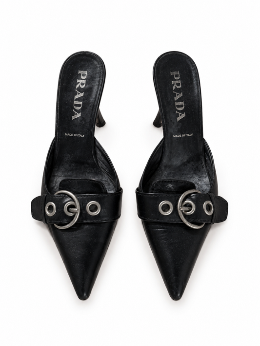 Prada black leather buckle mules size 37.5