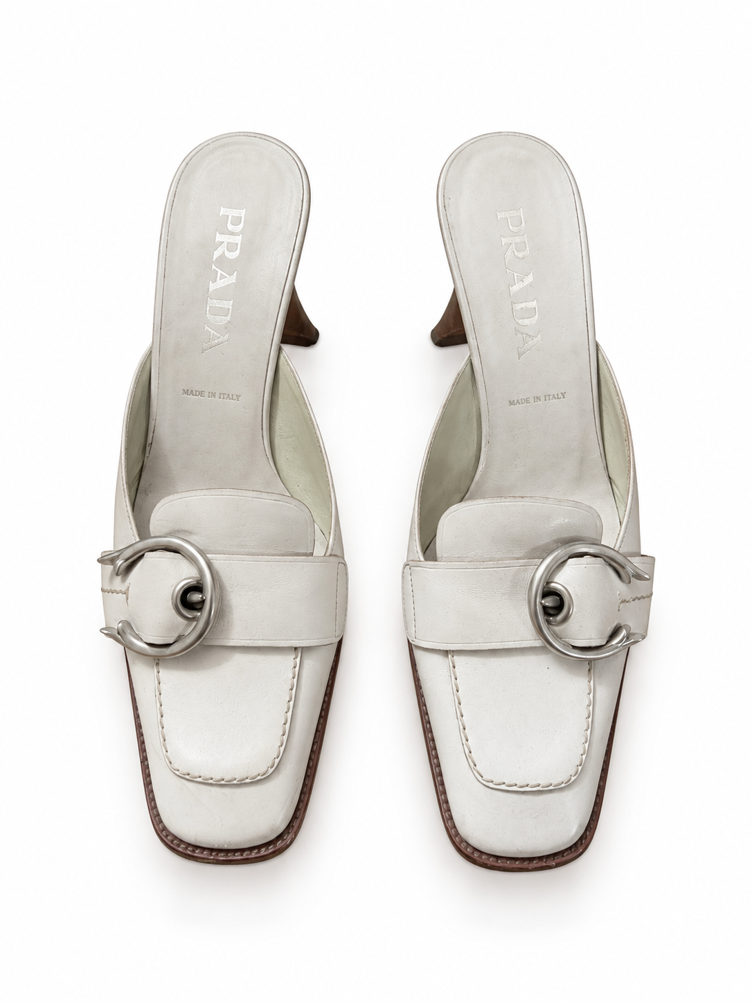 Prada white leather buckle mules size 37