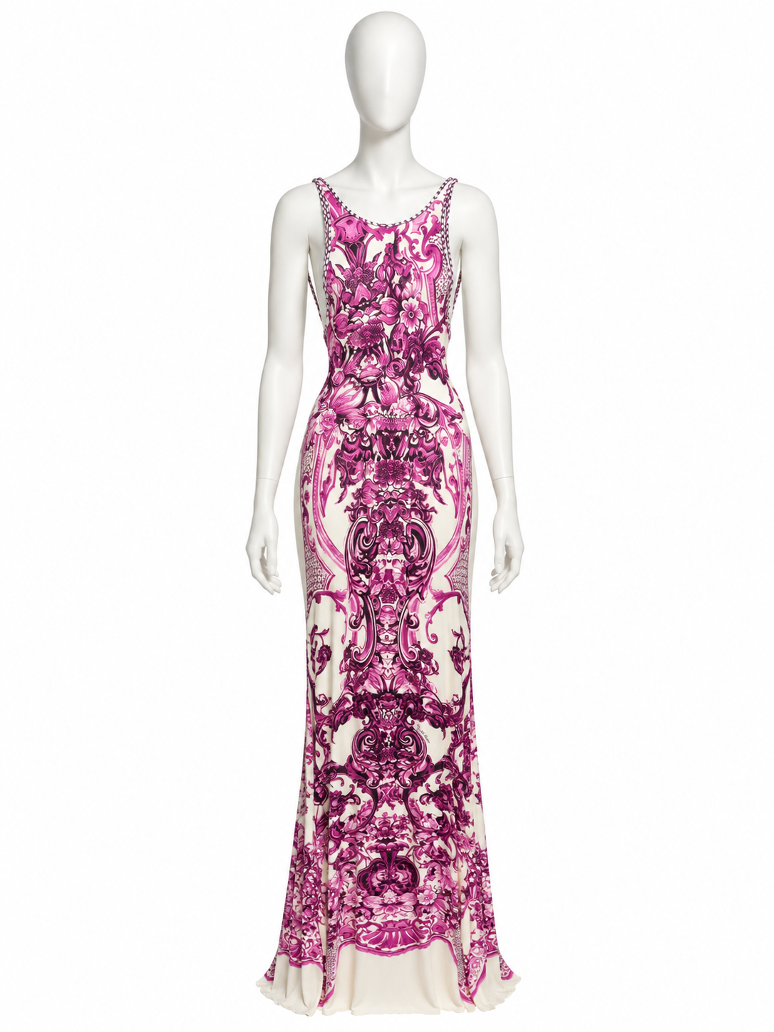Roberto Cavalli pink baroque jersey maxi dress on white mannequin