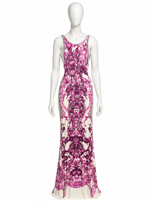 Roberto Cavalli pink baroque jersey maxi dress on white mannequin