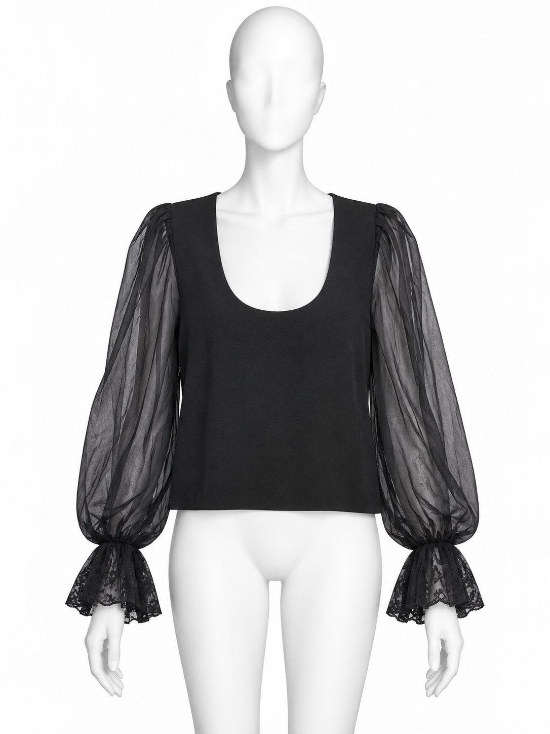 Valentino black bi-fabric top with sheer sleeves and lace cuffs