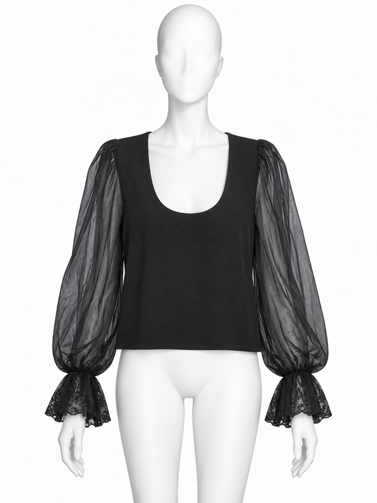 Valentino black bi-fabric top with sheer sleeves and lace cuffs
