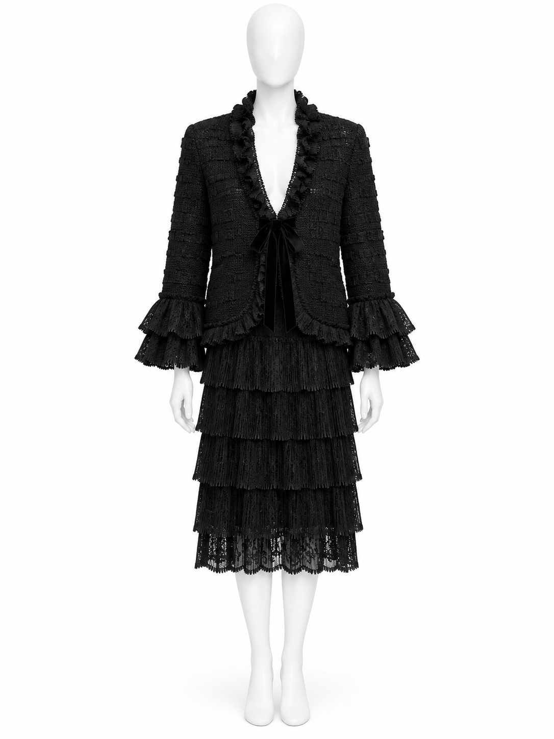 Valentino black crochet jacket and tiered skirt set