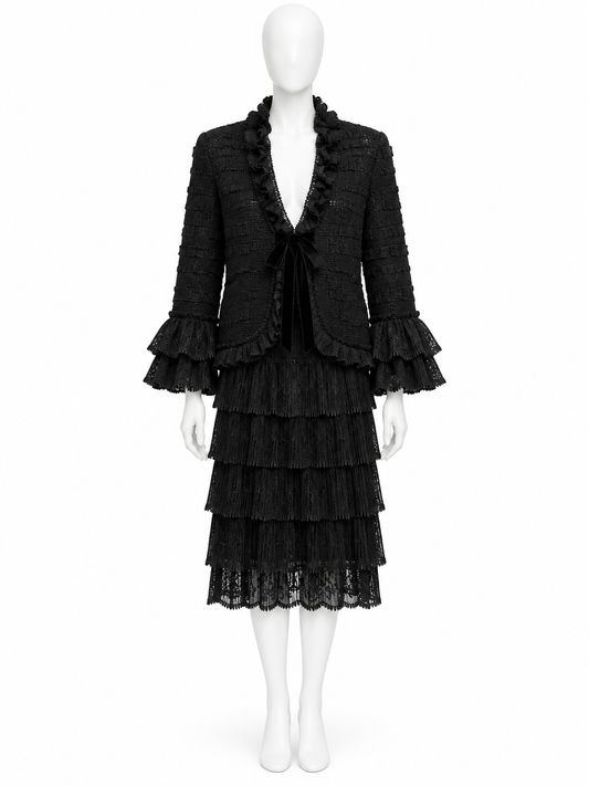 Valentino black crochet jacket and tiered skirt set