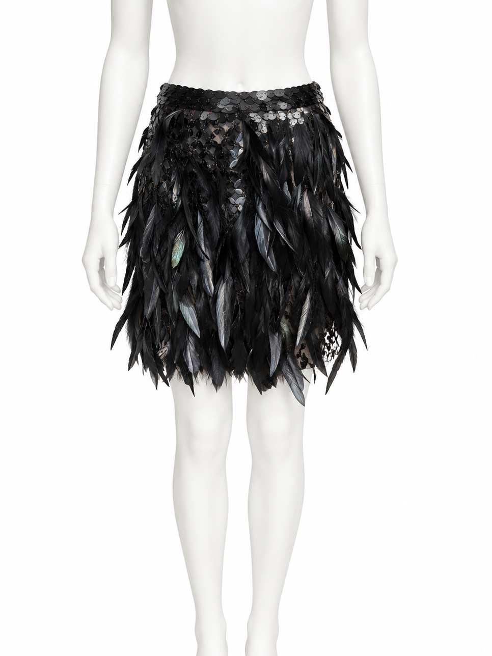 Valentino black feather and sequin skirt on white mannequin